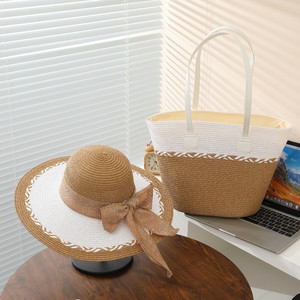 TF603 Beach Straw Hat and Bag Set Women Ribbon