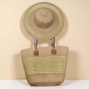 TF601 Beach Straw Hat and Bag Set Women Golden Stripe