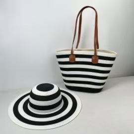 TF605 Beach Straw Hat and Bag Set Women Stripe