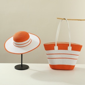 TF604 Beach Straw Hat and Bag Set Women Stripe